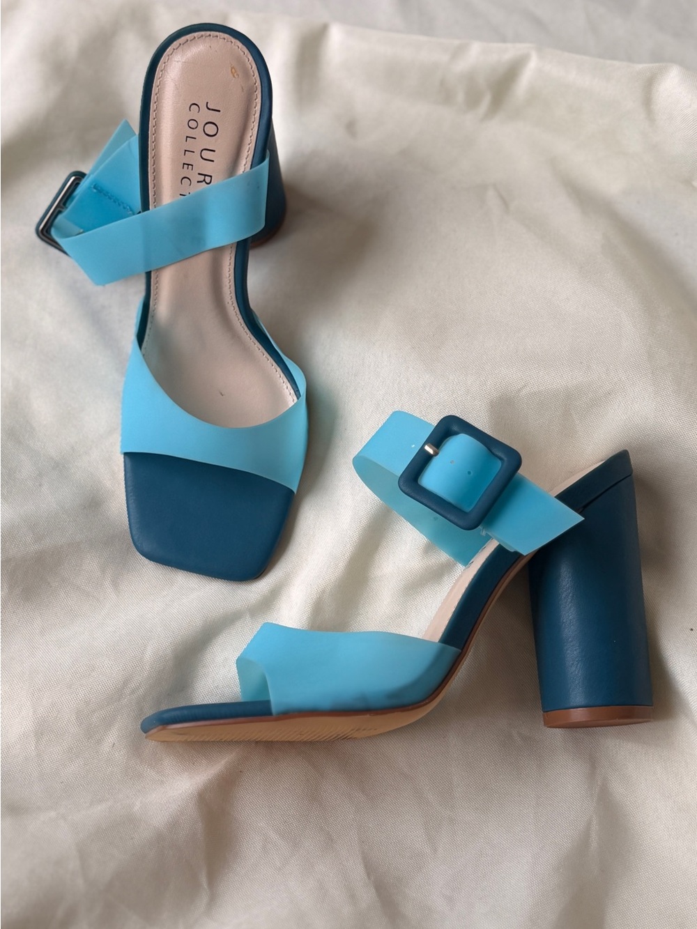 Journee Collection Two-Tone Teal and Light Blue Block Heel Sandals